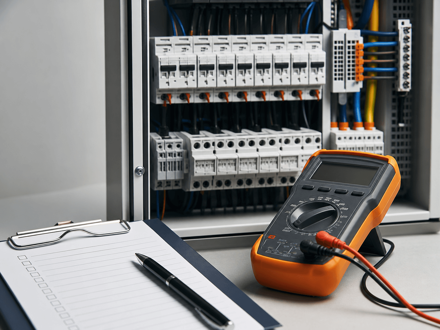 Messgerät und Checkliste bei der elektrischen Abschlussprüfung